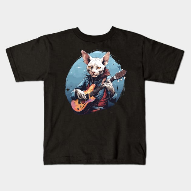 Sphynx Cat Playing Guitar Kids T-Shirt by Graceful Designs